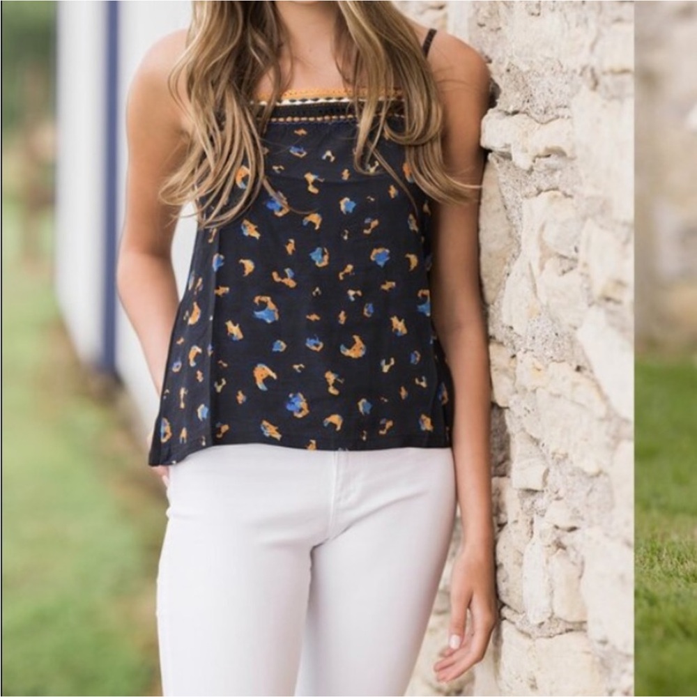 NWT Anthropologie (bl^nk) black tank top with blue & gold pattern.